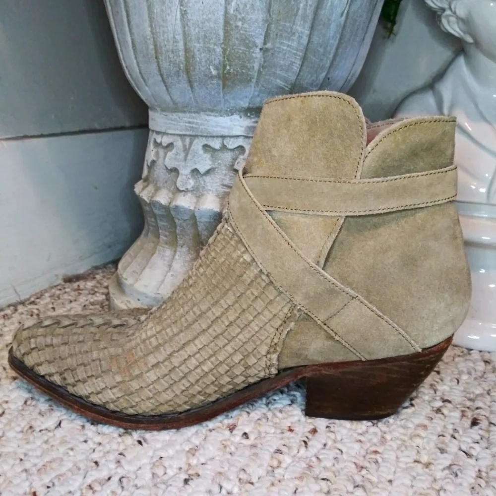 Free People Venture Boho/Western Taupe Woven Distressed Suede Ankle Boots - Picture 8 of 12